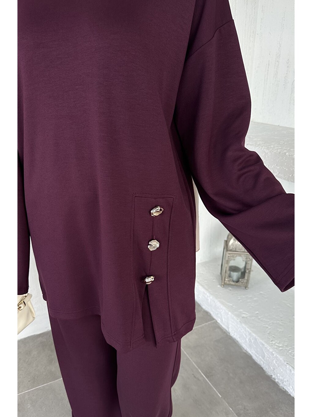 Mürdüm Bel Lastikli Pantolon Tunik Tesettür İkili Takım-1