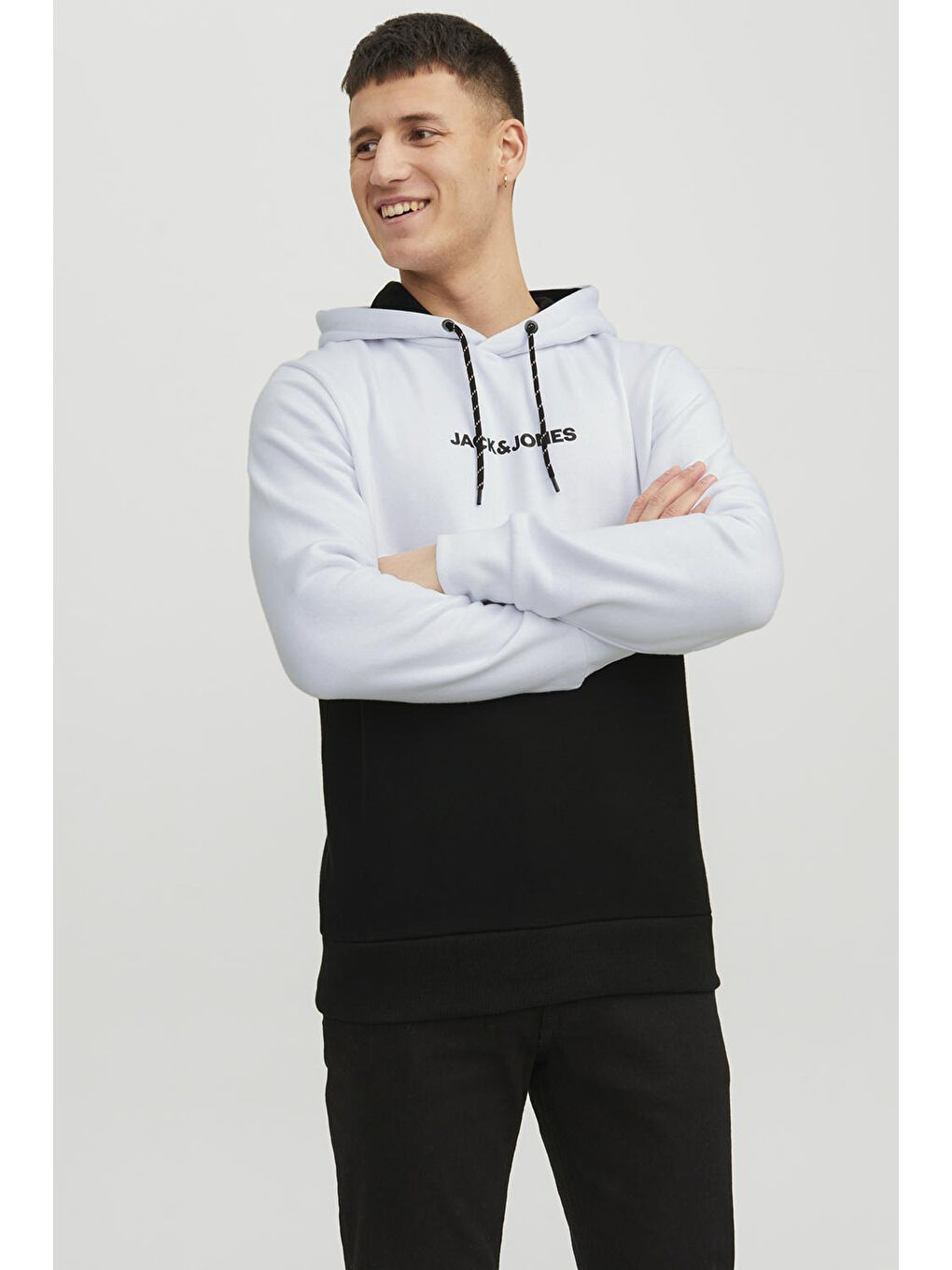 Jack & Jones Beyaz-Siyah Essentials Jjereid Renk Bloklu Kapüşonlu Erkek Sweat 12233959