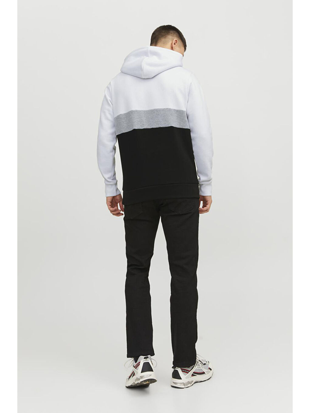 Jack & Jones Beyaz-Siyah Essentials Jjereid Renk Bloklu Kapüşonlu Erkek Sweat 12233959 - 1