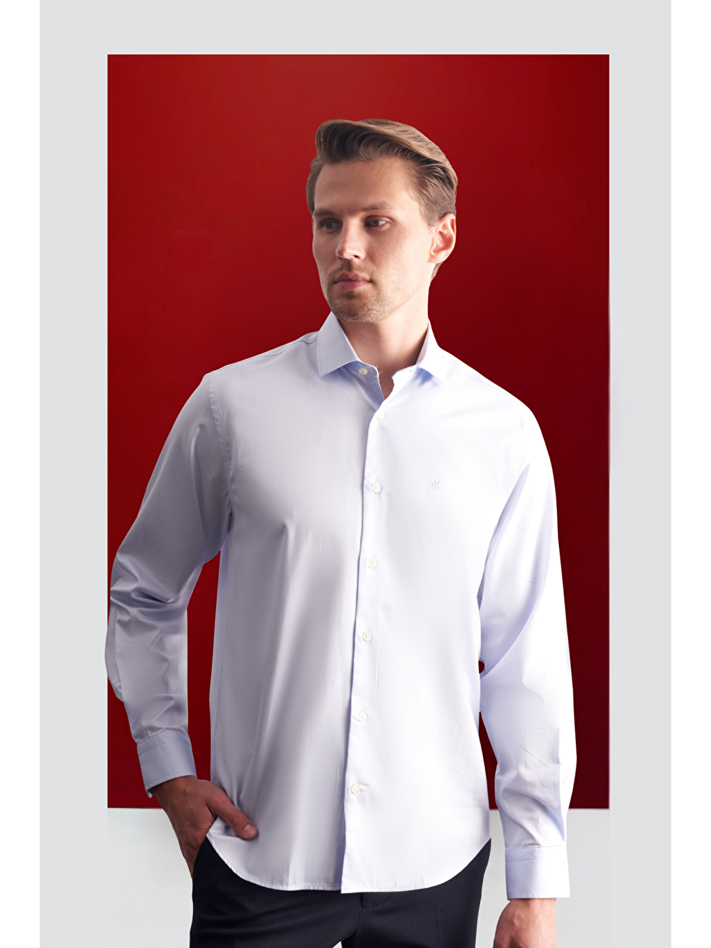 Açık Mavi Yarım İtalyan Yaka Saten Uzun Kol Premium Slim Fit %100 Pamuk Gömlek 1004255195