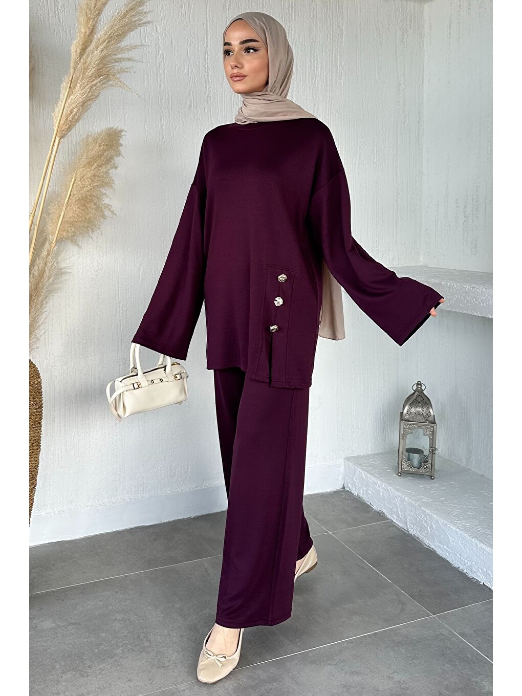 Mürdüm Bel Lastikli Pantolon Tunik Tesettür İkili Takım-2