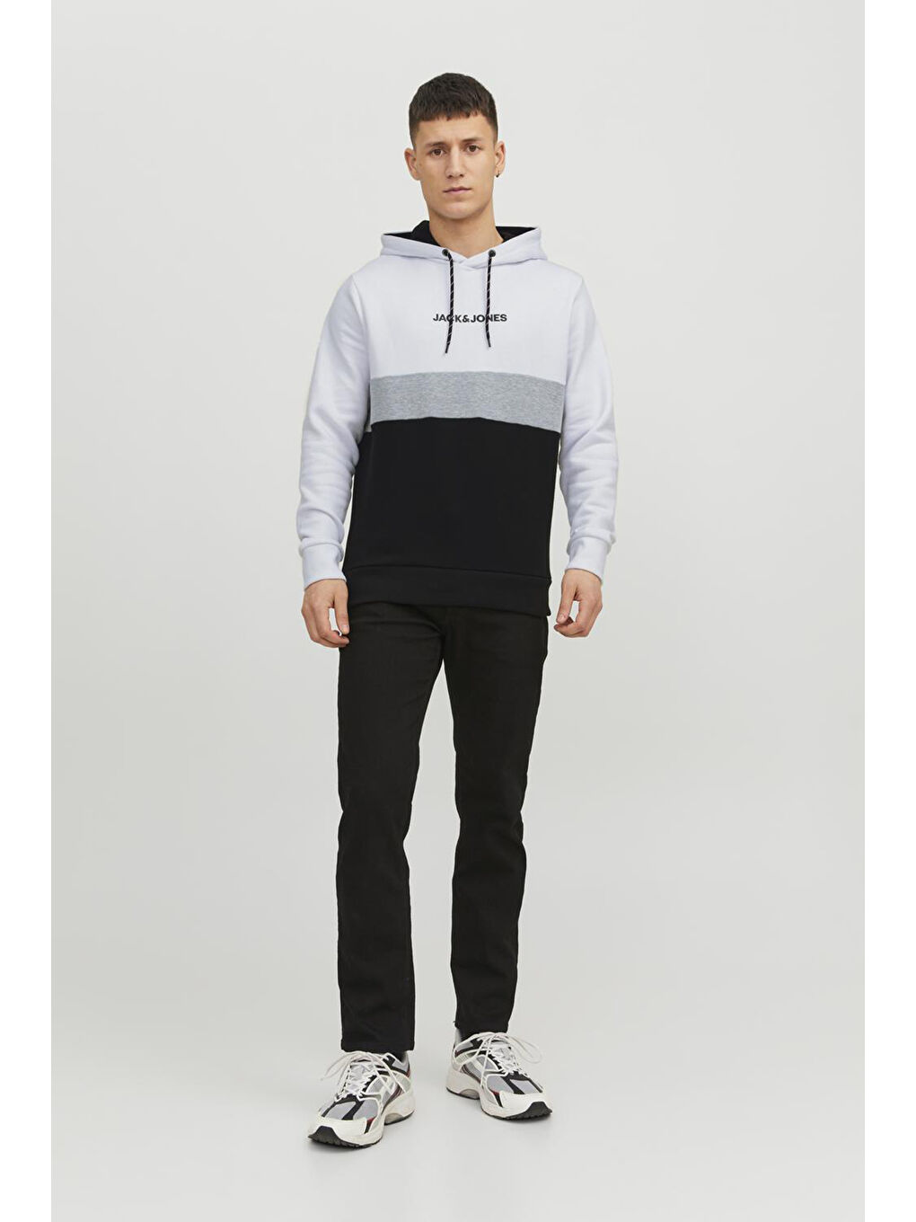 Jack & Jones Beyaz-Siyah Essentials Jjereid Renk Bloklu Kapüşonlu Erkek Sweat 12233959 - 2