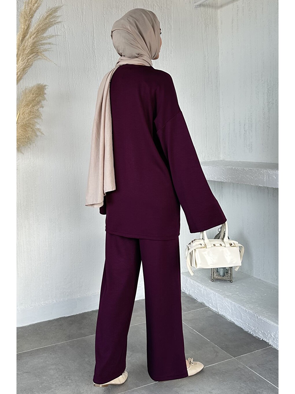 Mürdüm Bel Lastikli Pantolon Tunik Tesettür İkili Takım-3