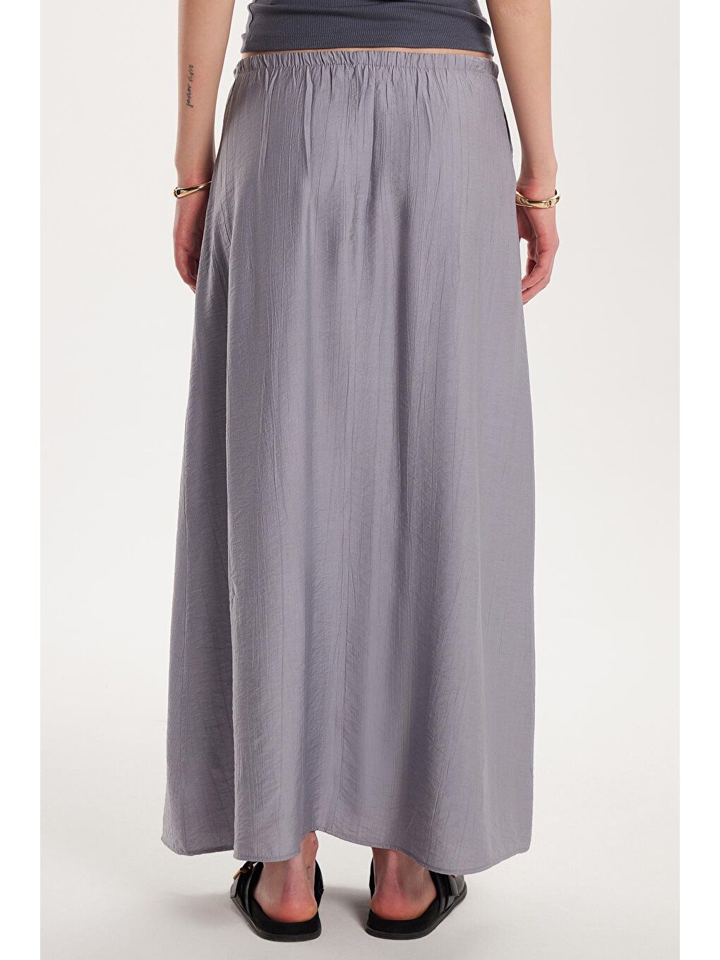 Kadın Standar Fit Beli Lastikli Bağlamalı Gri Etek-4