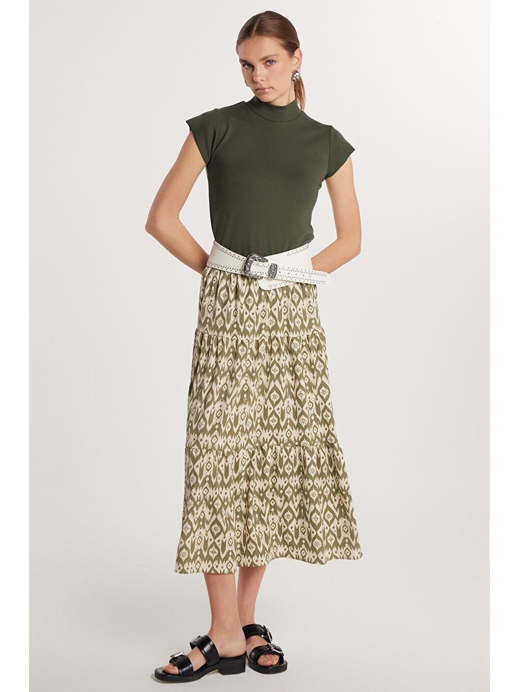 Karışık Kadın Standart Fit Beli Lastikli Baskılı Midi Boy Etek-3