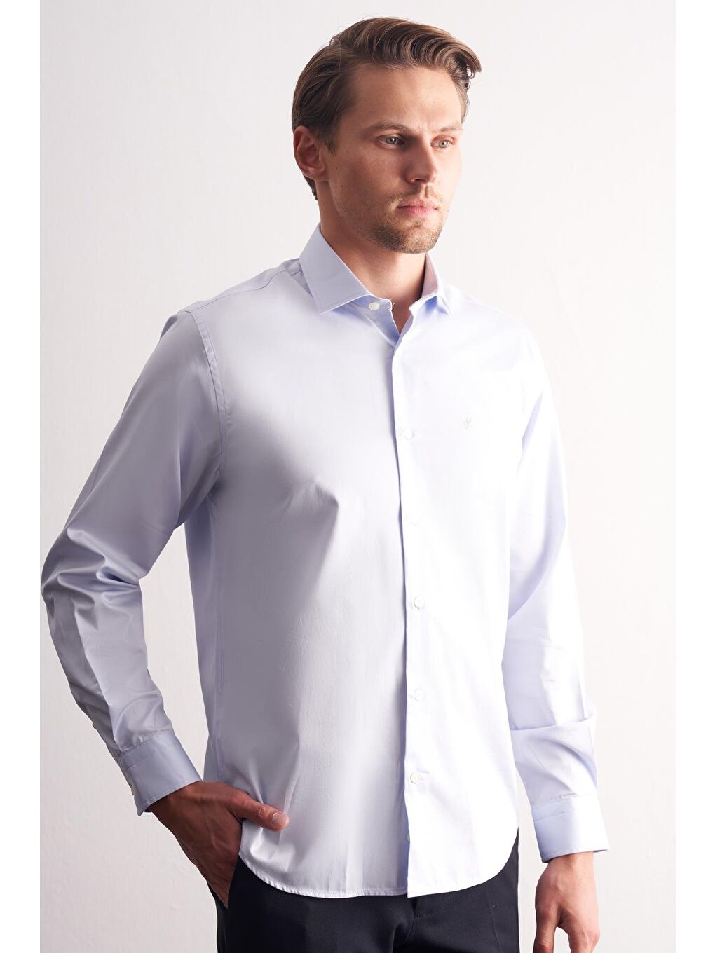 Açık Mavi Yarım İtalyan Yaka Saten Uzun Kol Premium Slim Fit %100 Pamuk Gömlek 1004255195-2