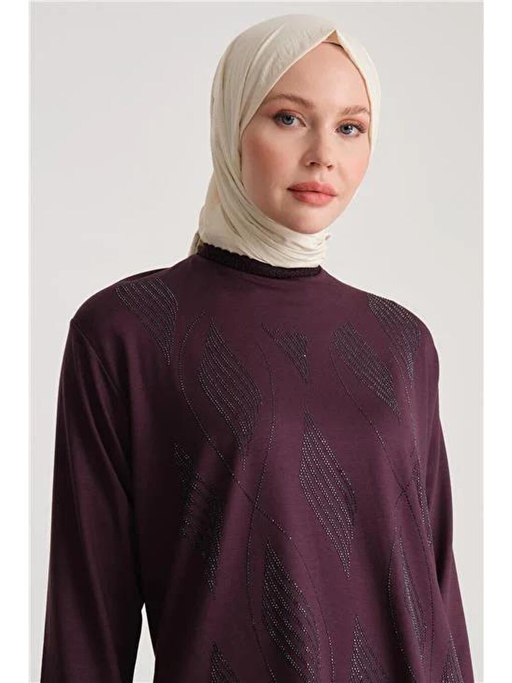 Mor Taş Detaylı Penye Bluz 24Yd9001 Mürdüm
