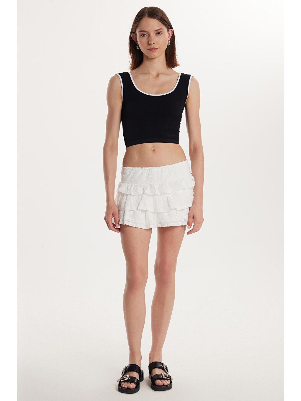 Kadın Standart Fit %100 Pamuk Beli Lastikli Piliseli Ajurlu Ekru Etek-1