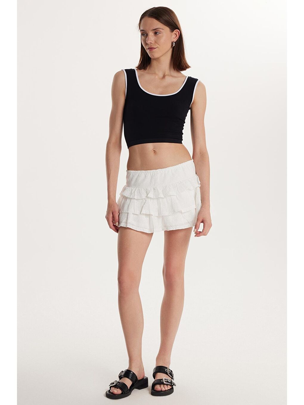 Kadın Standart Fit %100 Pamuk Beli Lastikli Piliseli Ajurlu Ekru Etek-3