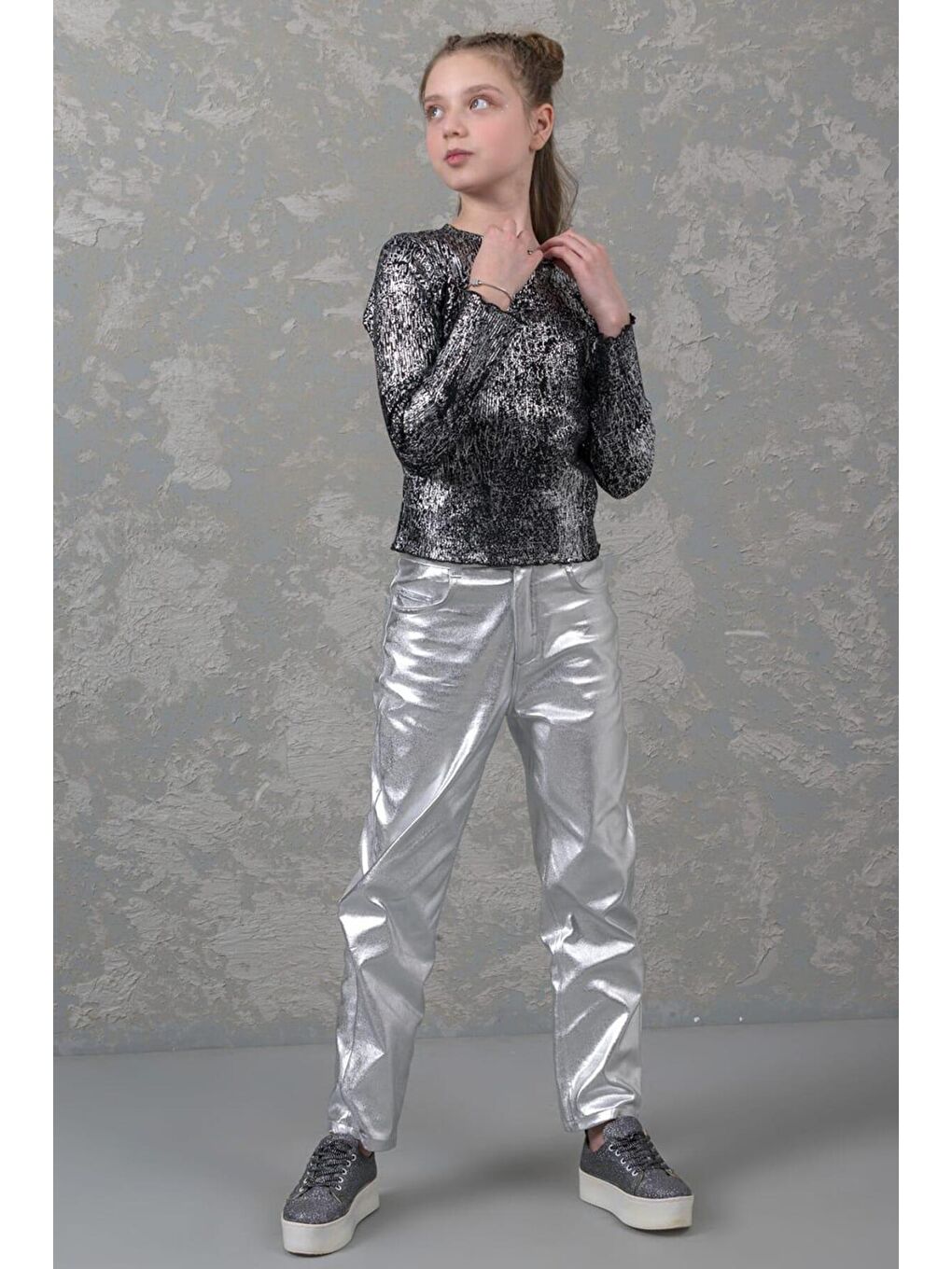 Karışık Kız Çocuk Varak Baskılı Parlak Pantolon