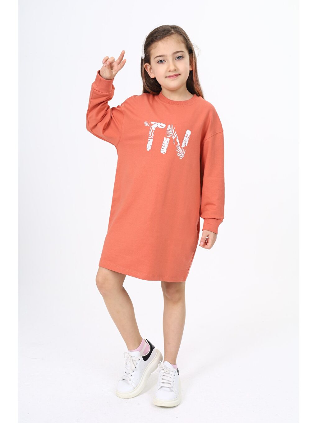 Kahverengi Kız Çocuk Baskılı Elbise-1
