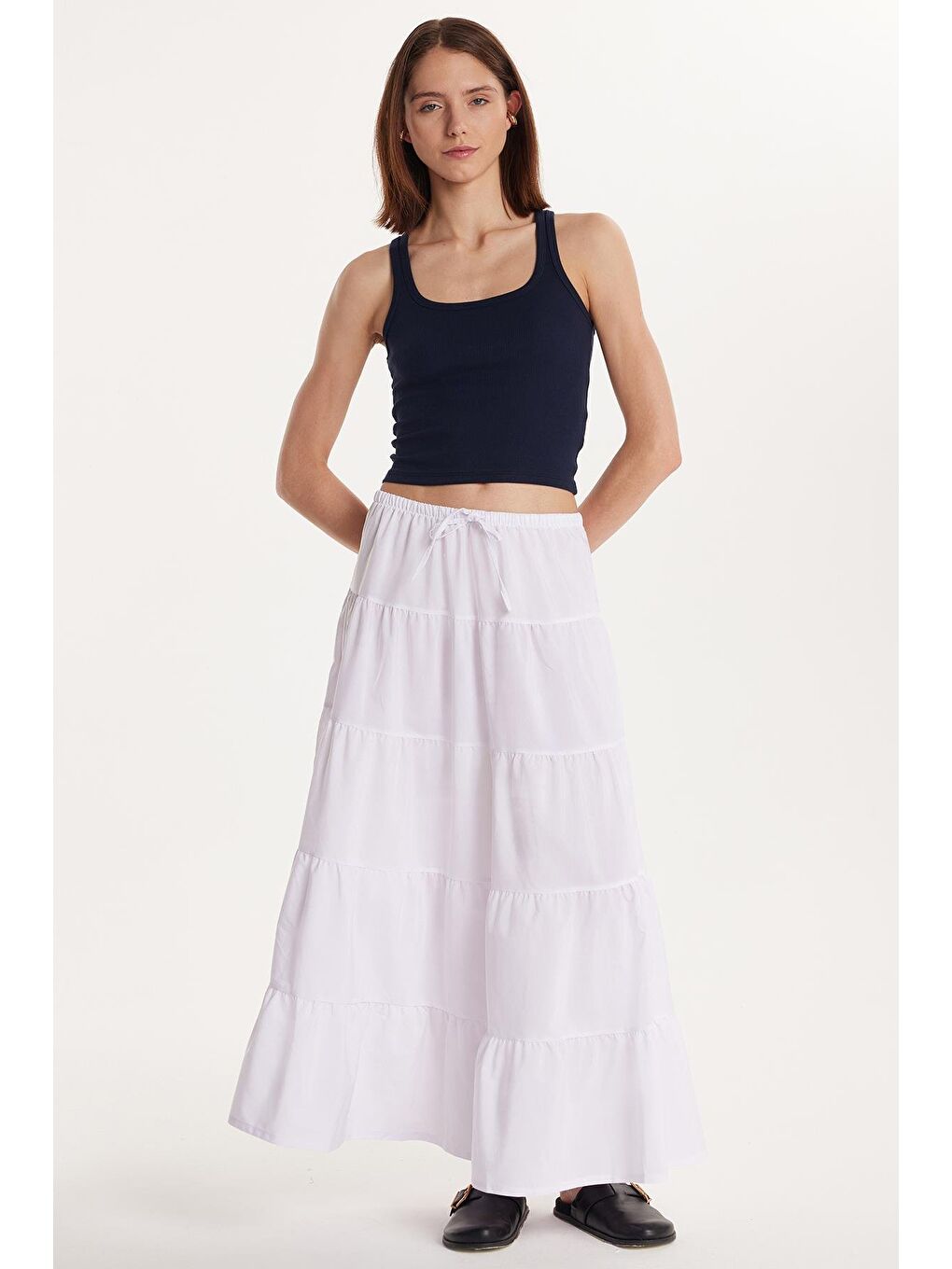 Kadın Standart Fit Beli Lastikli Bağlamalı Beyaz Etek-1