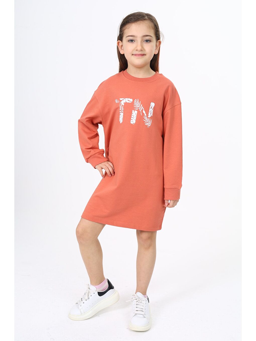 Kahverengi Kız Çocuk Baskılı Elbise-3