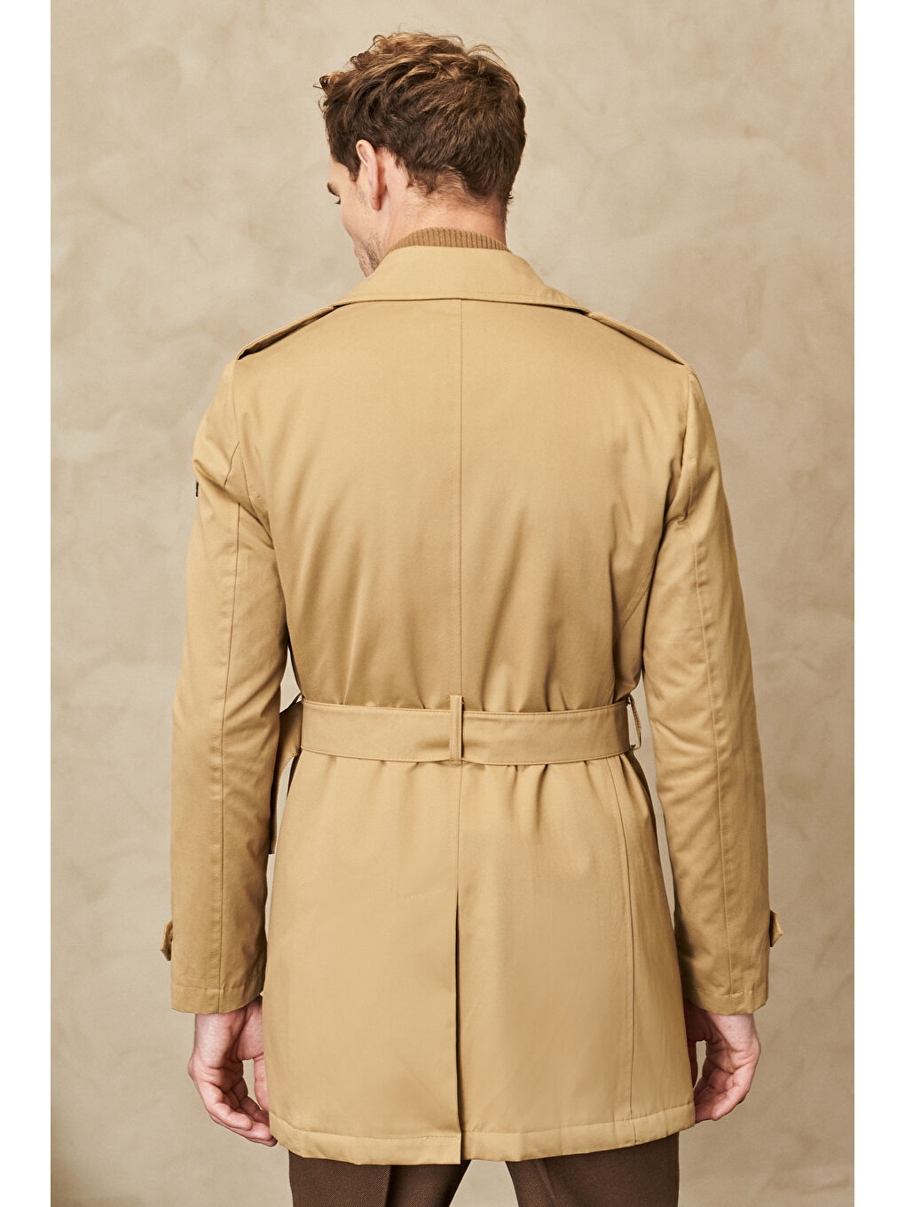 Erkek Bej Standart Fit Normal Kesim Bebe Yaka Beli Kemerli Pamuklu Kışlık Trençkot-7