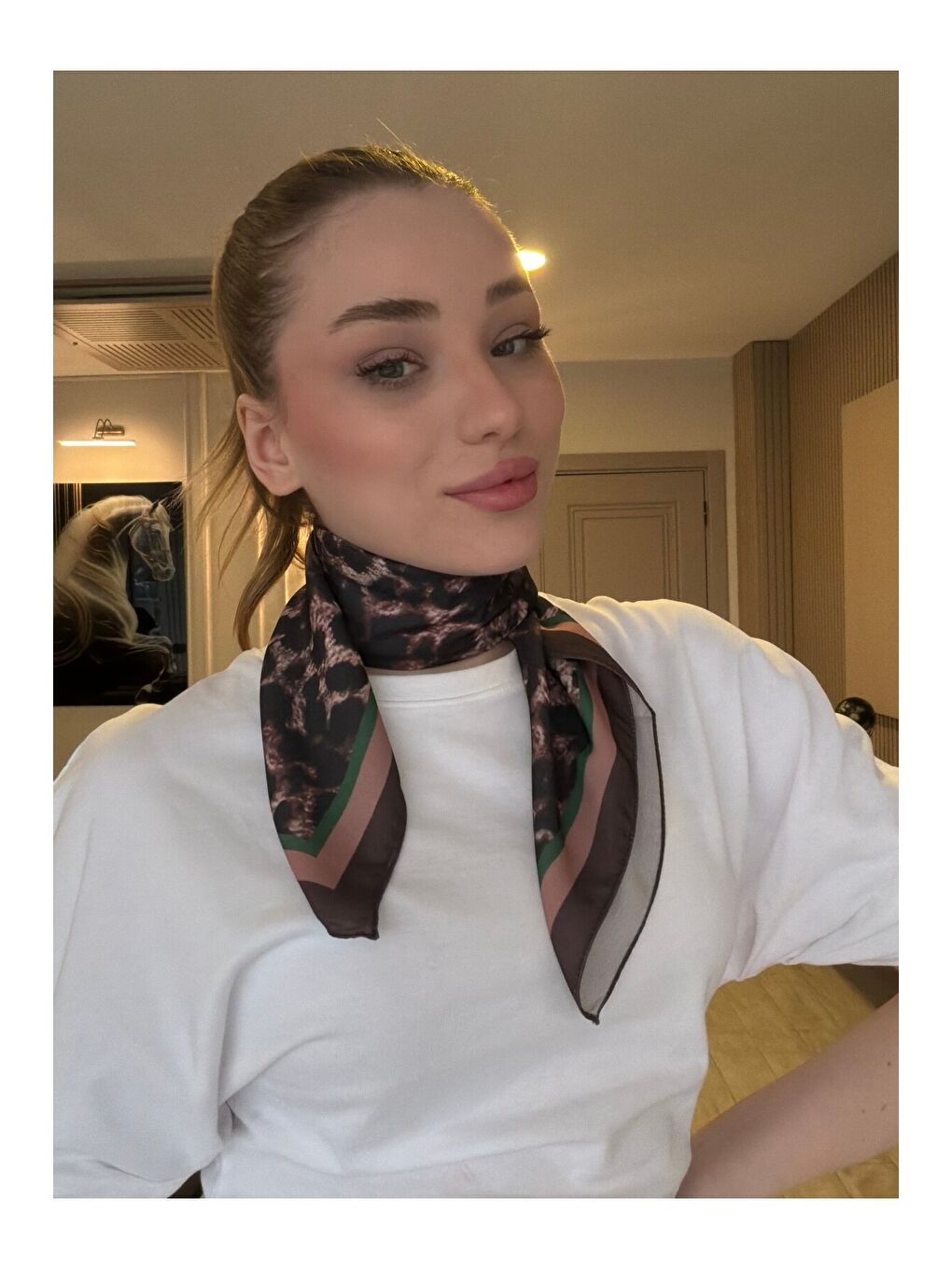 Karışık Kadın Leopar Desenli Saten Boyun Fuları Bandana Kahverengi FLR2004-3