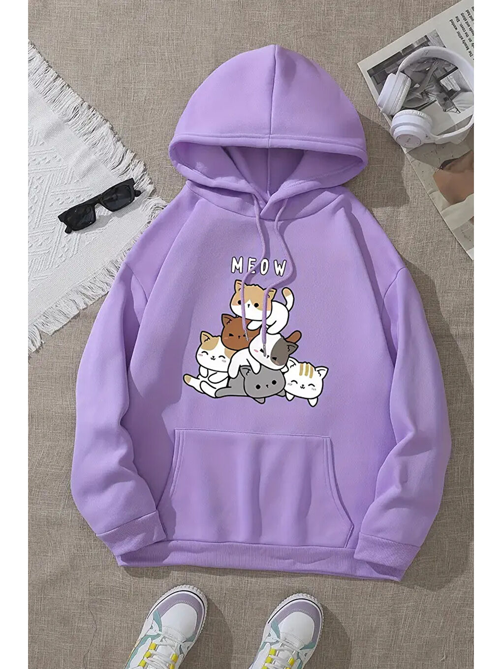 uyguntarz Lila Meow Tatlı Kediler Baskılı Oversize Sweatshirt