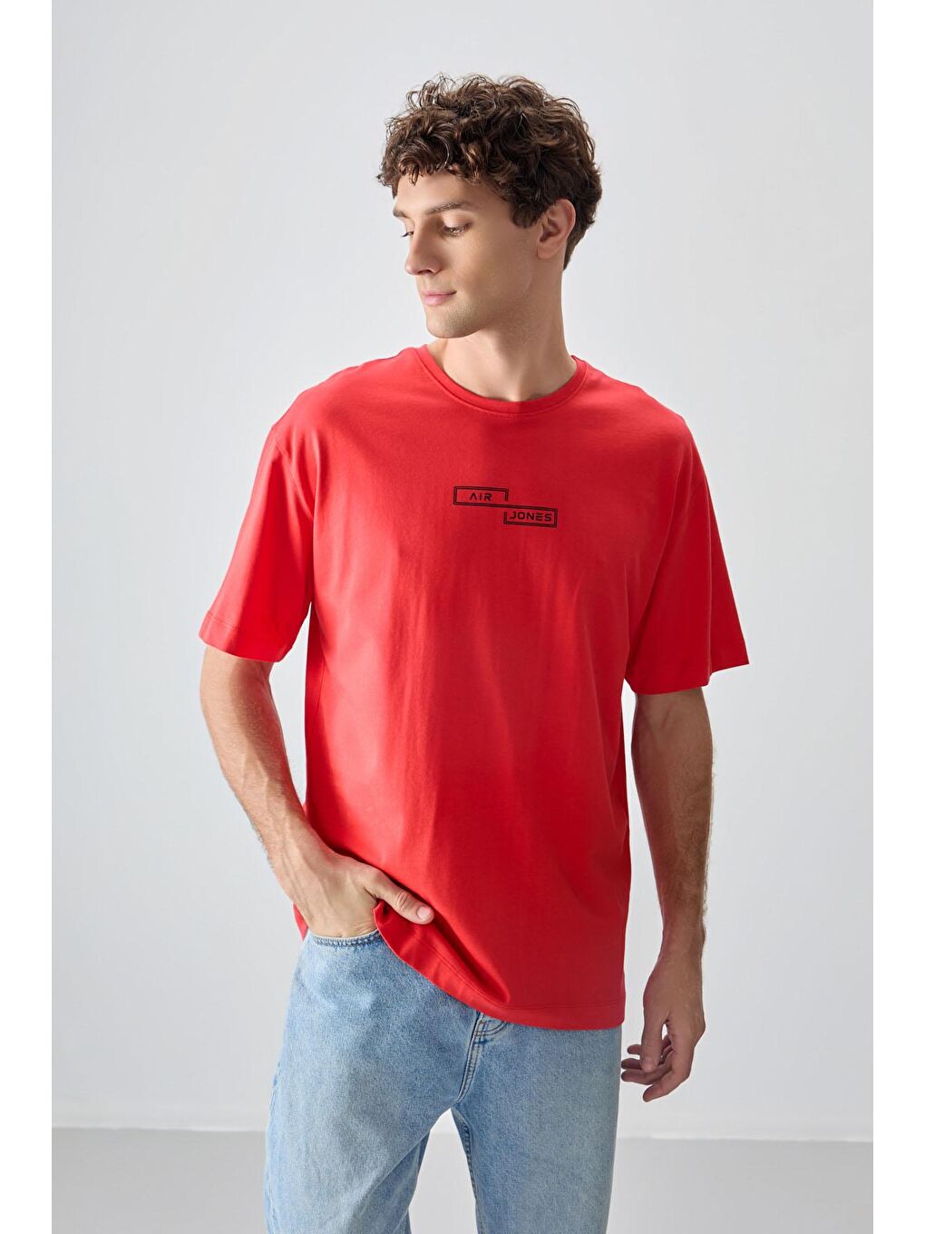 AIR JONES Kırmızı %100 Pamuk Kalın Yumuşak Dokulu Oversize Fit Baskılı Erkek T-Shirt - 88361