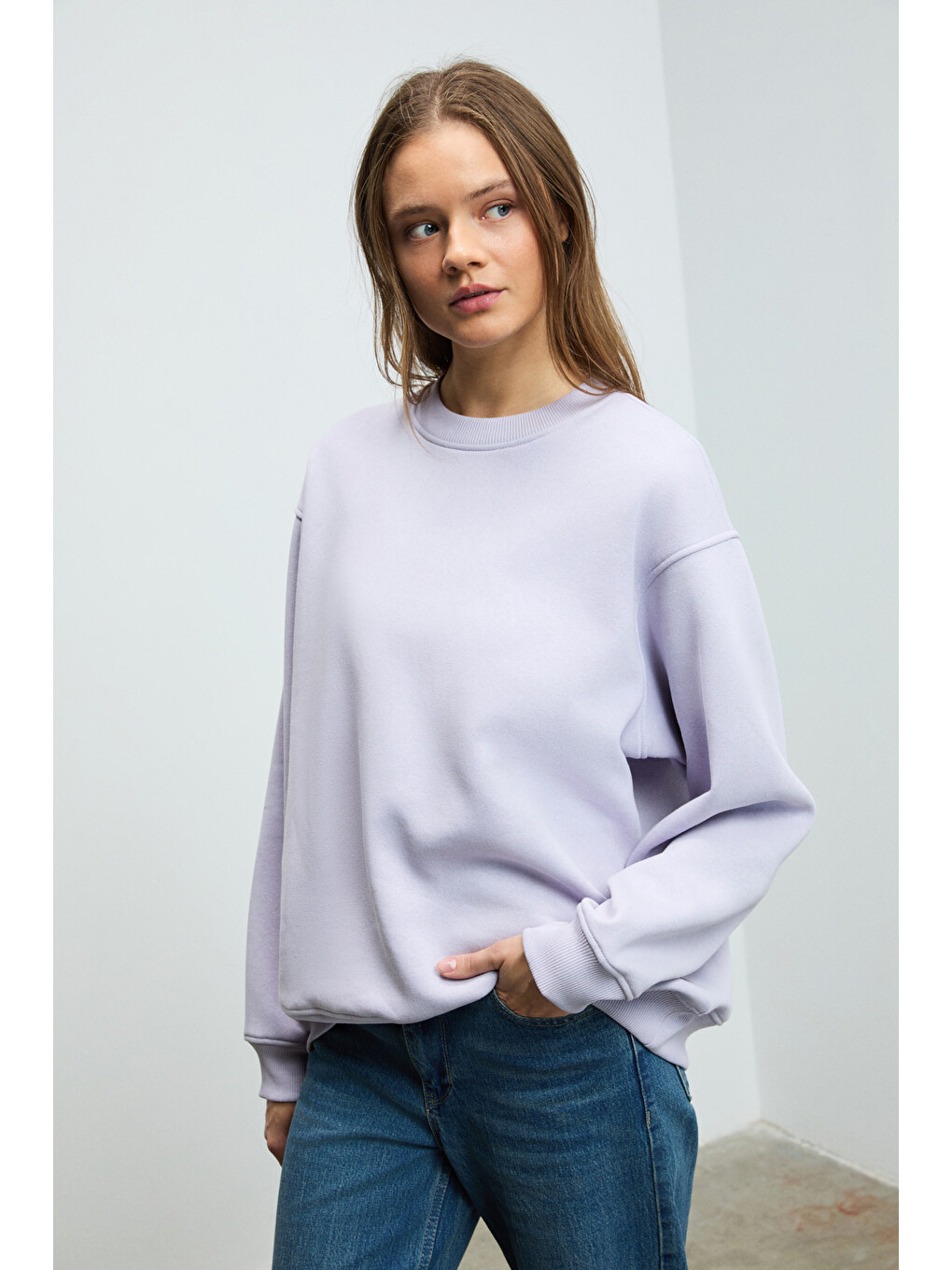 Karıus Kadın Organik Pamuklu İçi Polarlı Oversize Yuvarlak Yakalı Lila Sweatshirt-1