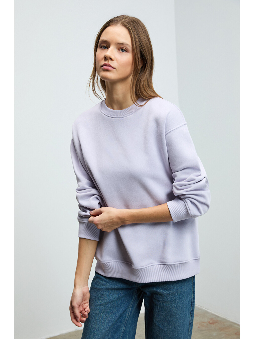 Karıus Kadın Organik Pamuklu İçi Polarlı Oversize Yuvarlak Yakalı Lila Sweatshirt-2