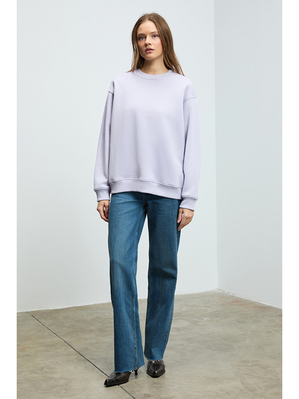 Karıus Kadın Organik Pamuklu İçi Polarlı Oversize Yuvarlak Yakalı Lila Sweatshirt-3