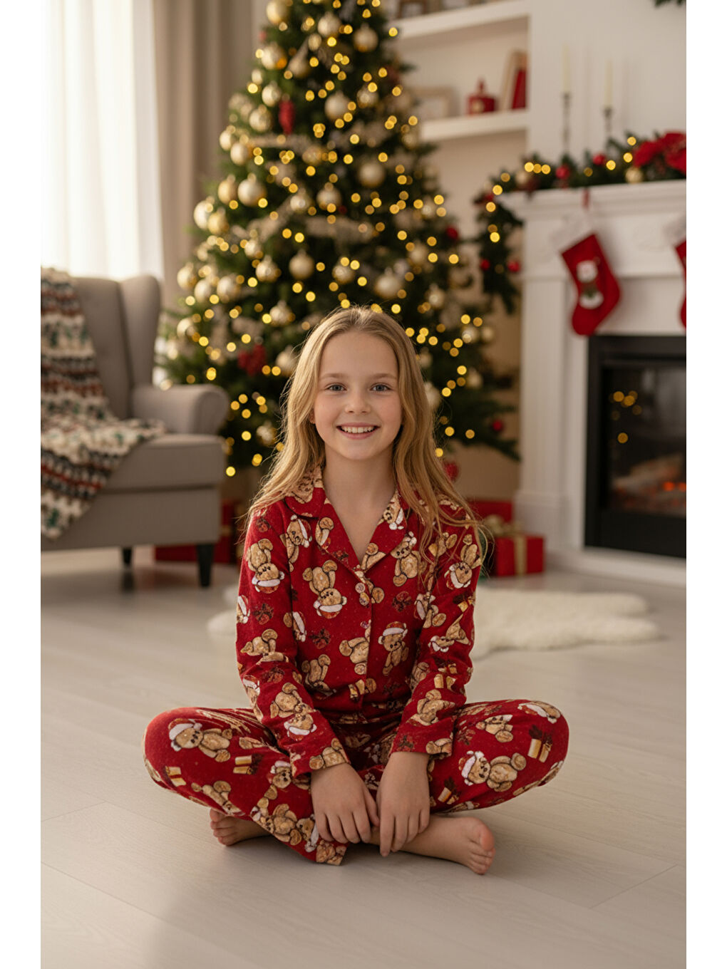 Kırmızı Kız Çocuk Ayıcık Baskılı Pijama Takımı-%100 Pamuk Süet -12482-1