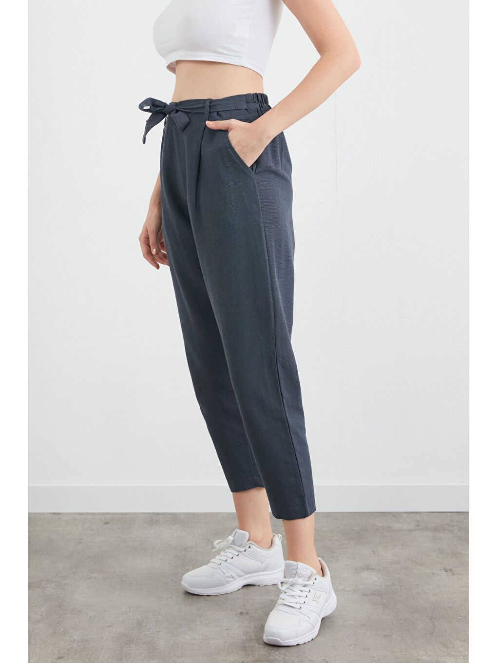 Antrasit Beli Bağlamalı Straight Keten Pantolon-2