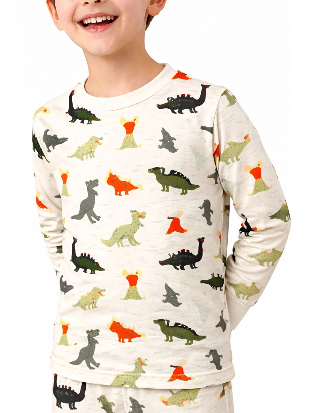 Ekru Dinozor Desenli Erkek Çocuk Pijama Takımı 51321-1