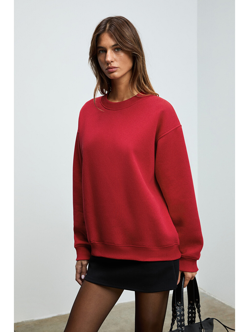 Karıus Kadın Organik Pamuklu İçi Polarlı Oversize Yuvarlak Yakalı Bordo Sweatshirt-1