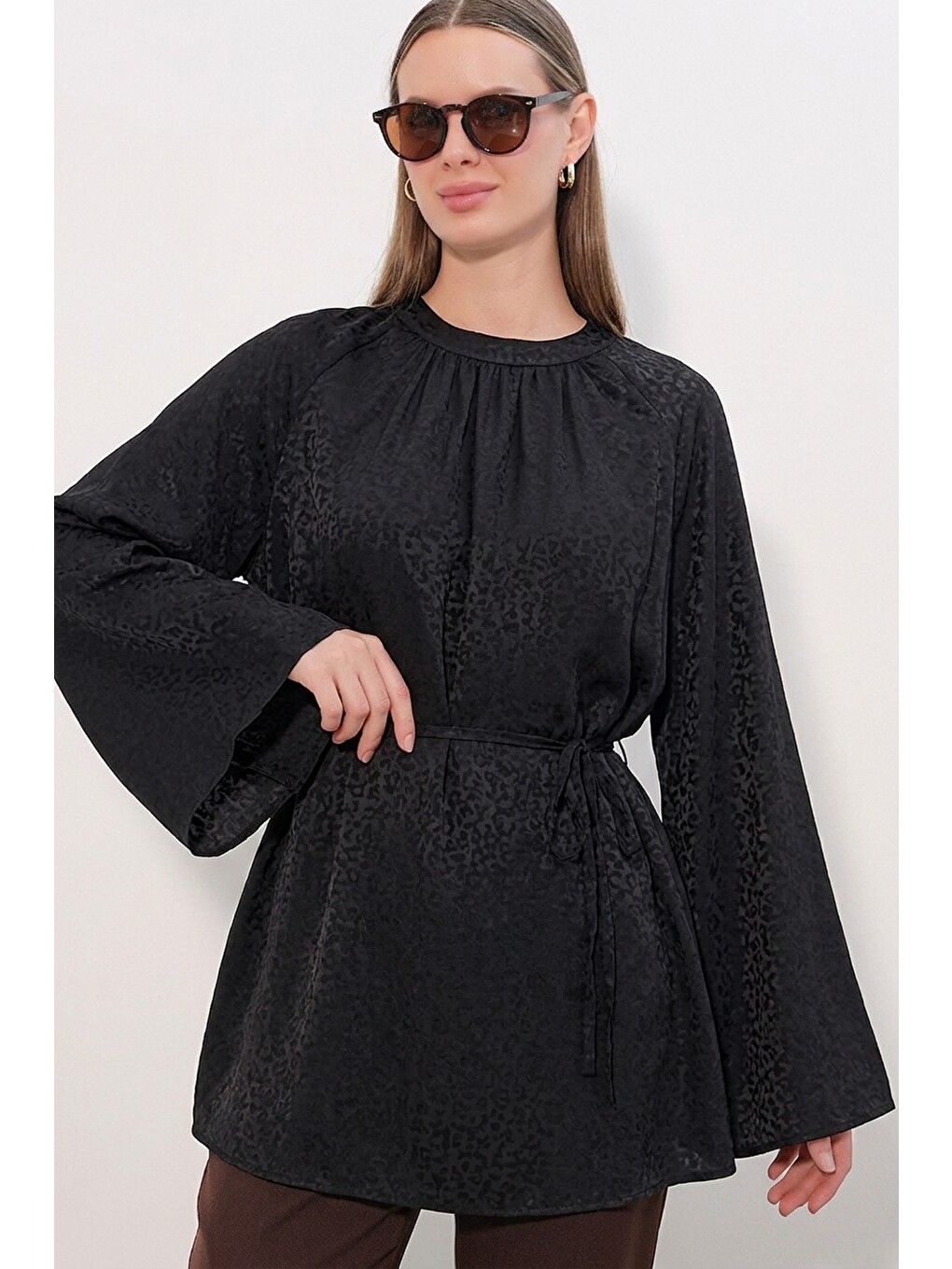 Kadın Çizgili Bağcıklı Oversize Tunik 50009 - Siyah