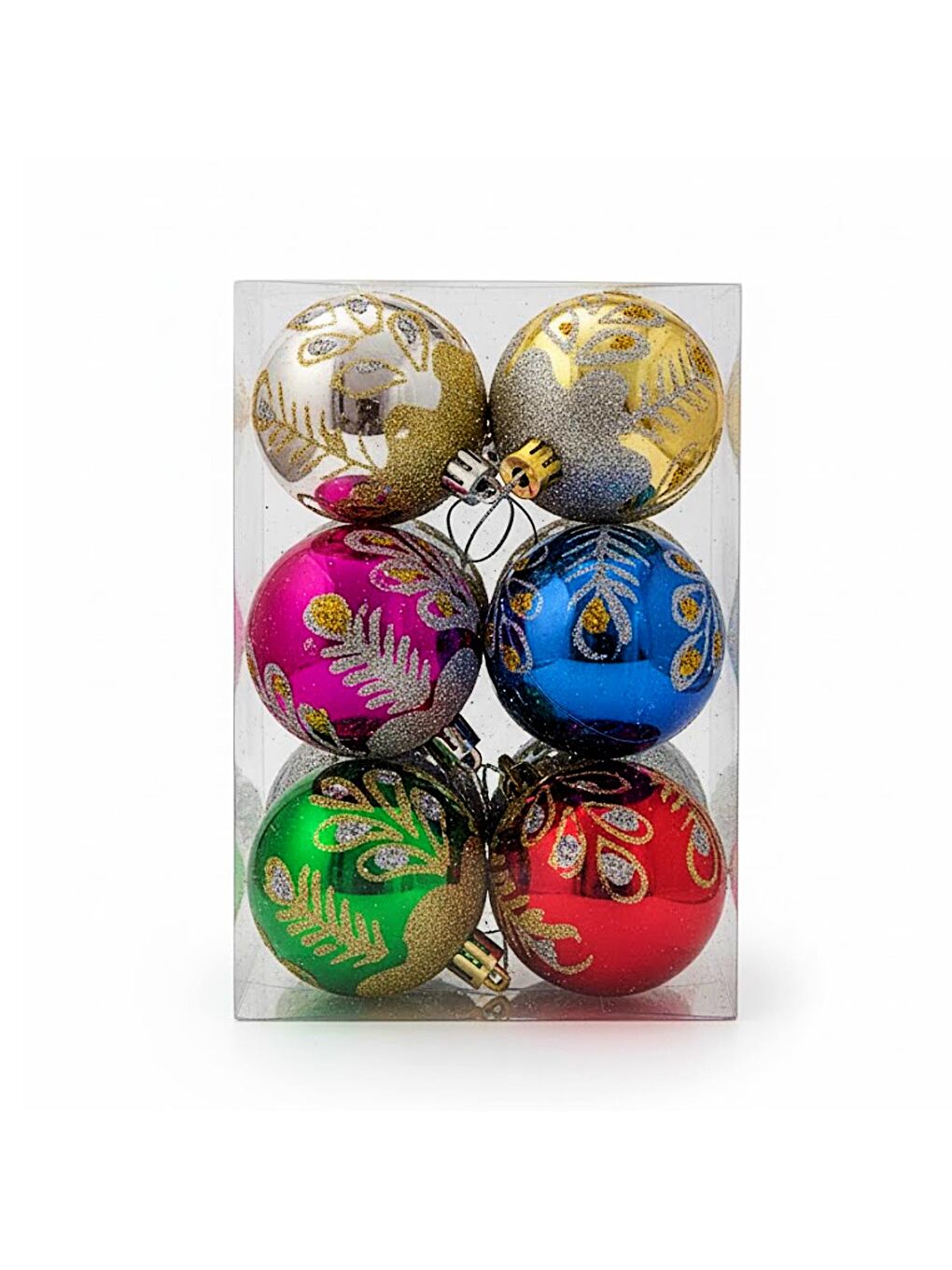 Desenli Karışık Renk Parlak Top Yılbaşı Süsü 6 lı (2505090)