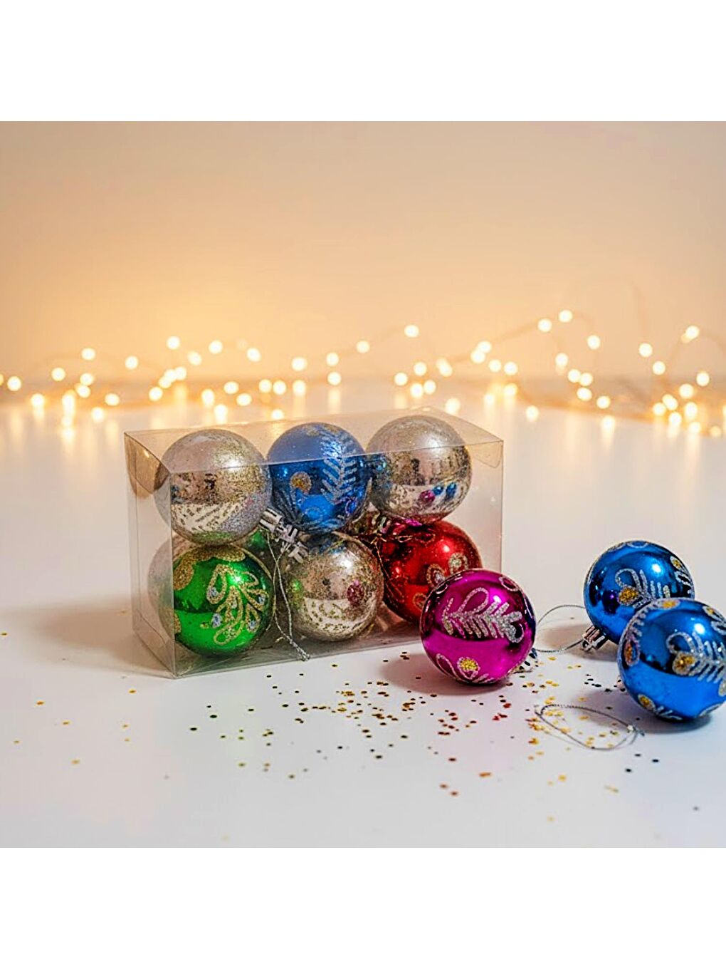 Desenli Karışık Renk Parlak Top Yılbaşı Süsü 6 lı (2505090)-1