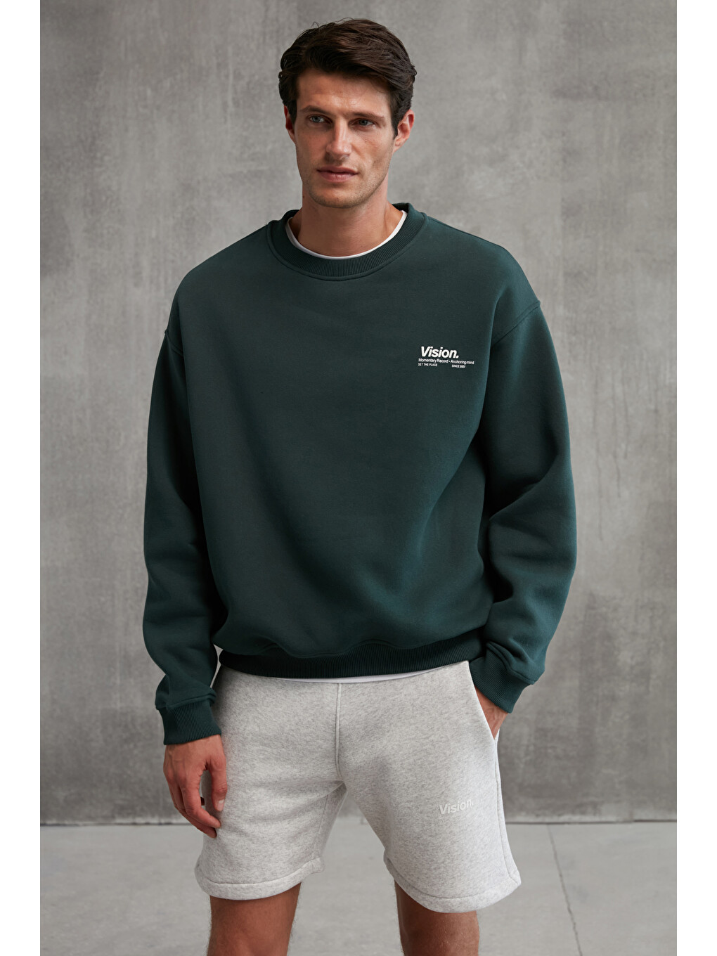 Yeşil Ernest Erkek Organik Pamuklu Yumuşacık Baskı Detaylı Bisiklet Yaka İçi Polarlı KOYU YEŞİL Sweatshirt-1