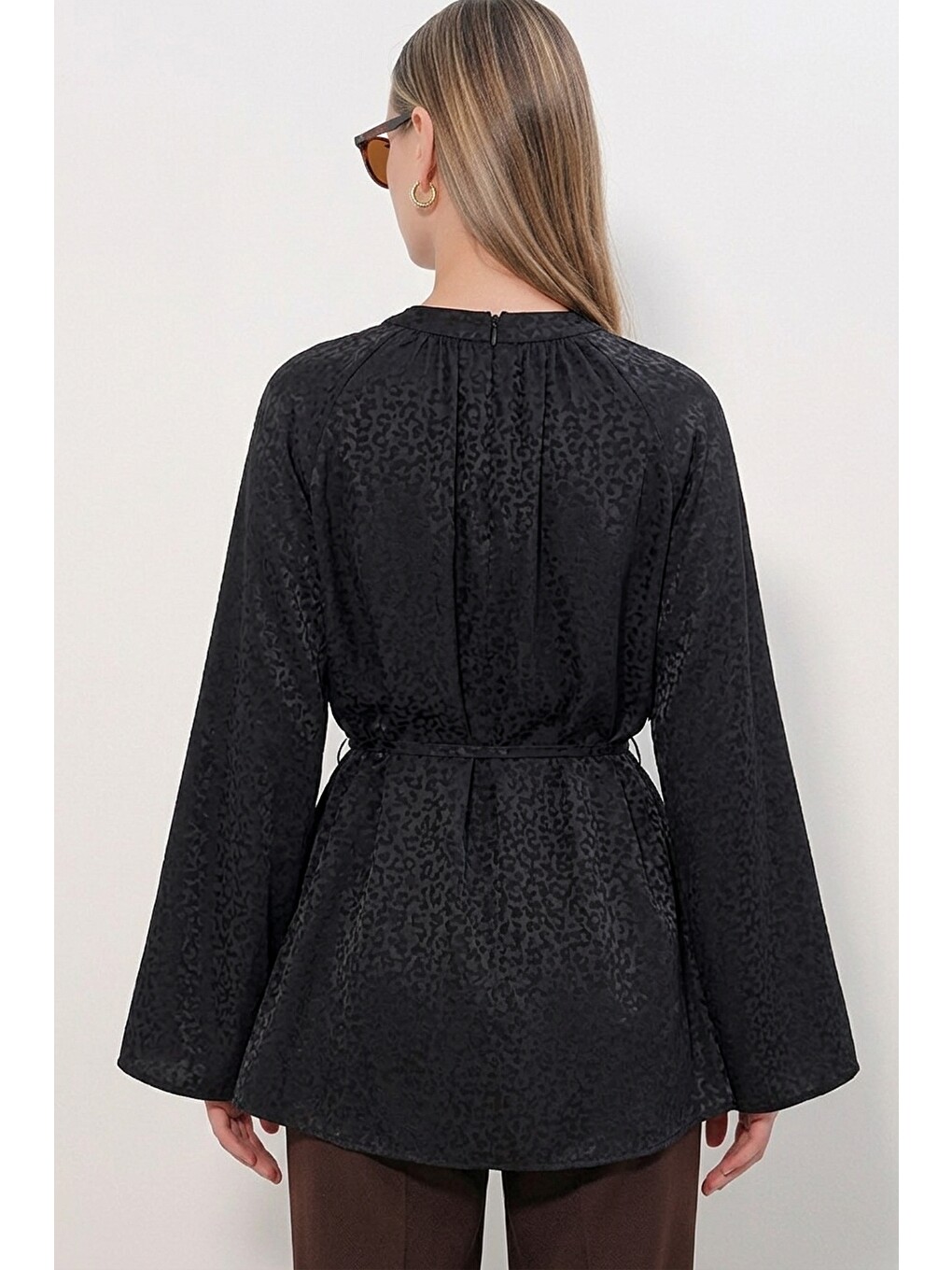 Kadın Çizgili Bağcıklı Oversize Tunik 50009 - Siyah-2