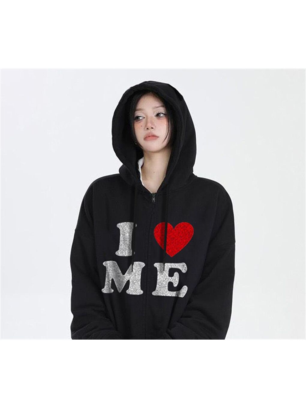 Touz Moda Siyah I Love Me Baskılı Oversize Fermuarlı Siyah Unisex Kapüşonlu Hırka