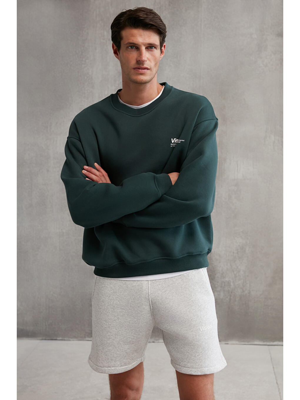 Yeşil Ernest Erkek Organik Pamuklu Yumuşacık Baskı Detaylı Bisiklet Yaka İçi Polarlı KOYU YEŞİL Sweatshirt-2