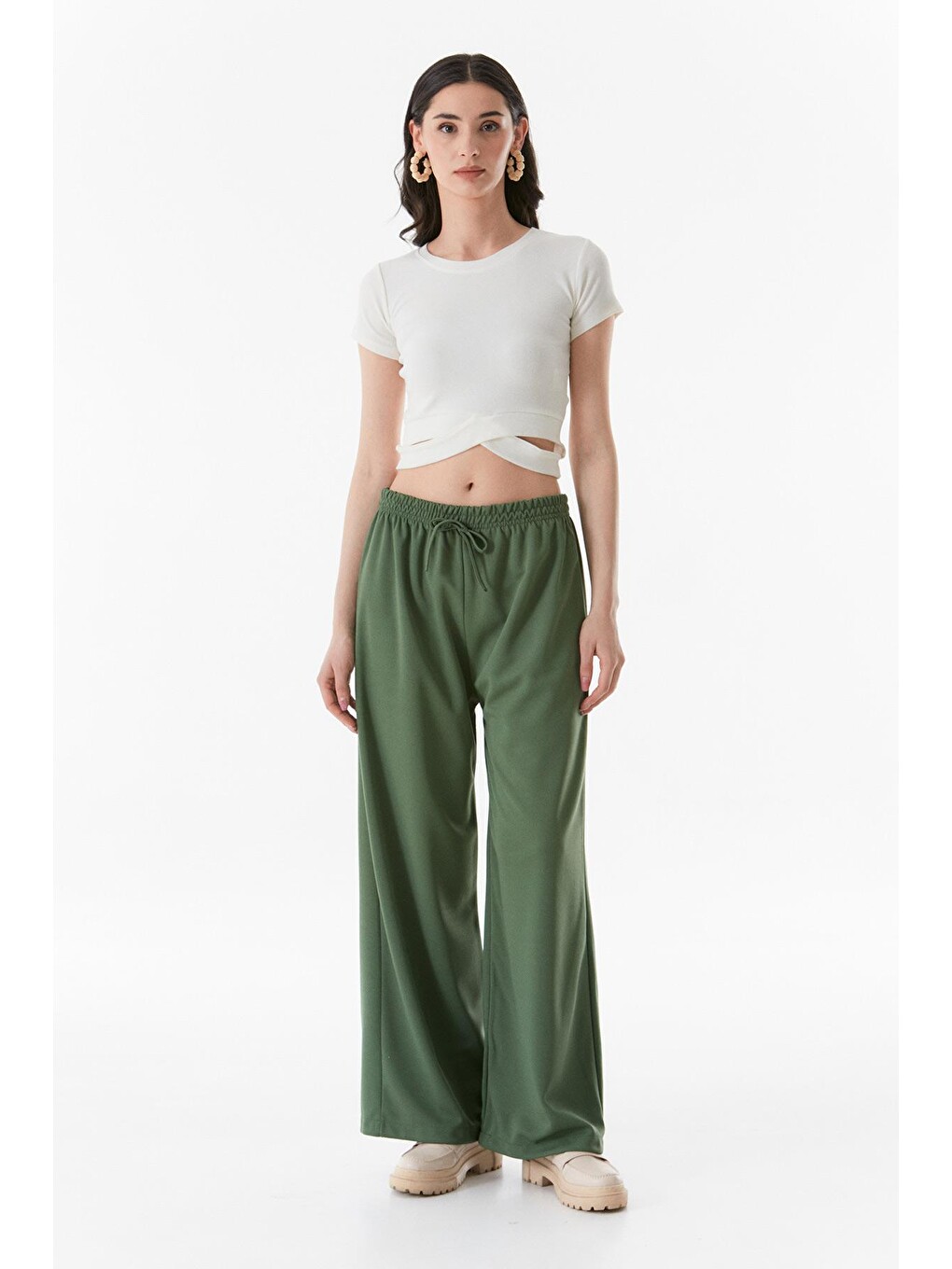Haki Beli Lastikli Wide Leg Pantolon