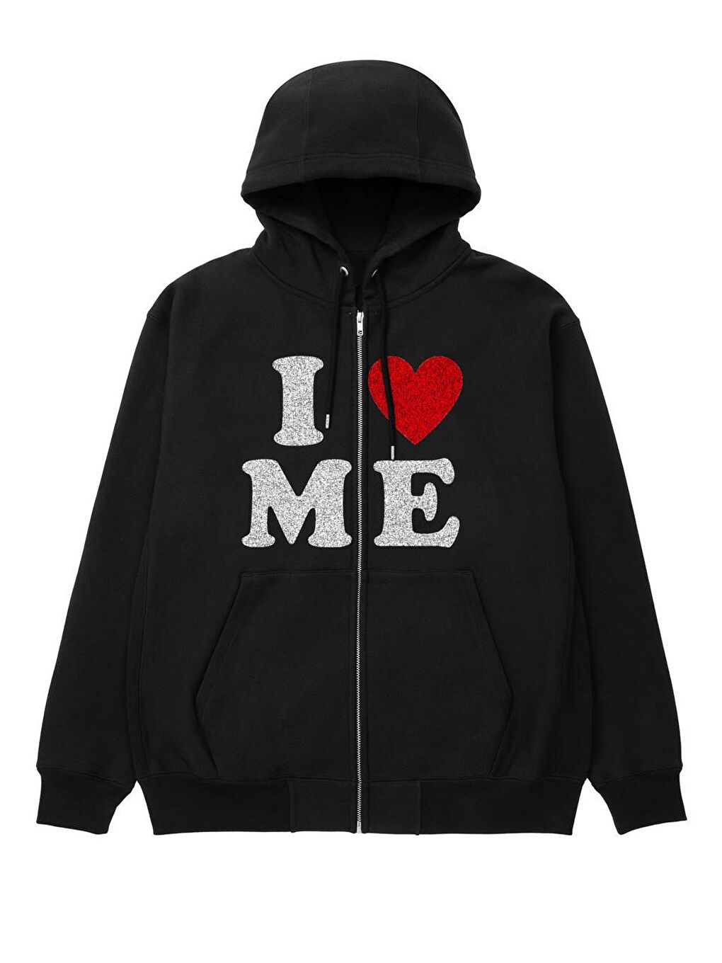 Touz Moda Siyah I Love Me Baskılı Oversize Fermuarlı Siyah Unisex Kapüşonlu Hırka - 1