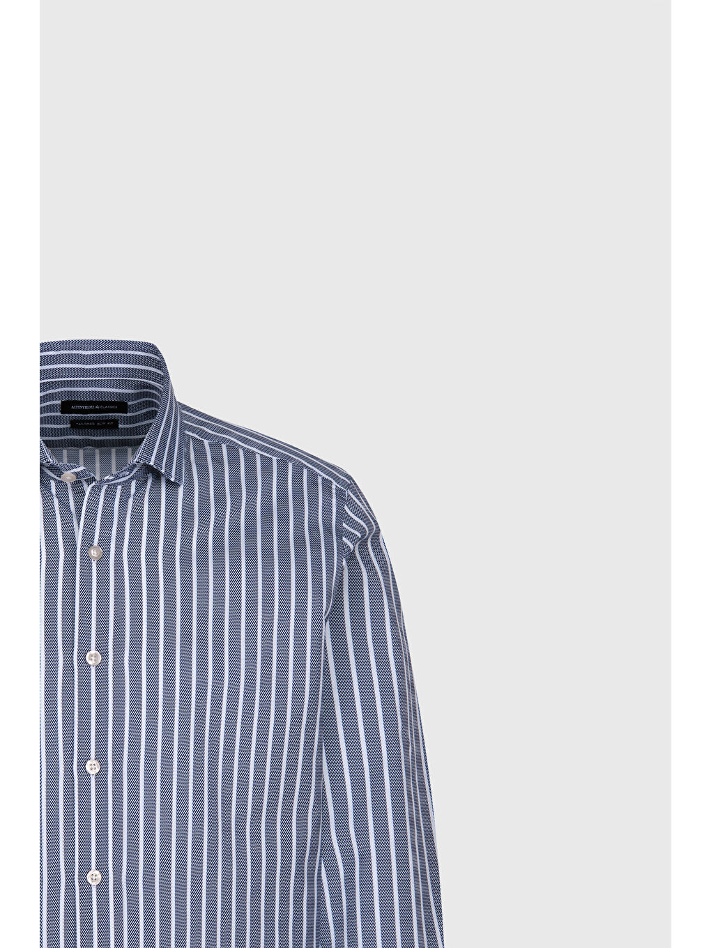 Erkek Beyaz-Lacivert %100 Pamuk Slim Fit Dar Kesim Küçük İtalyan Yaka Çizgili Gömlek-7