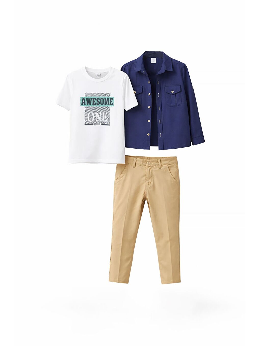 Lacivert Uzun Kol Düğmeli Gömlekli Tişörtlüi Erkek Çocuk 3lü Pantolonlu Takım 23757-2