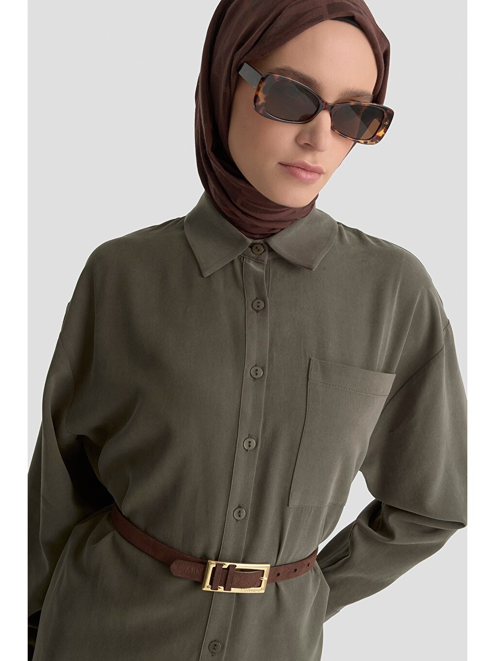 Düğmeli Lyocell Tunik Haki-4