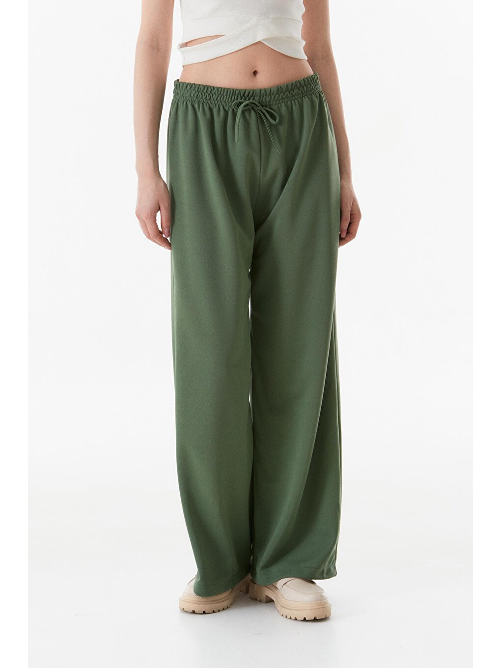 Haki Beli Lastikli Wide Leg Pantolon-1