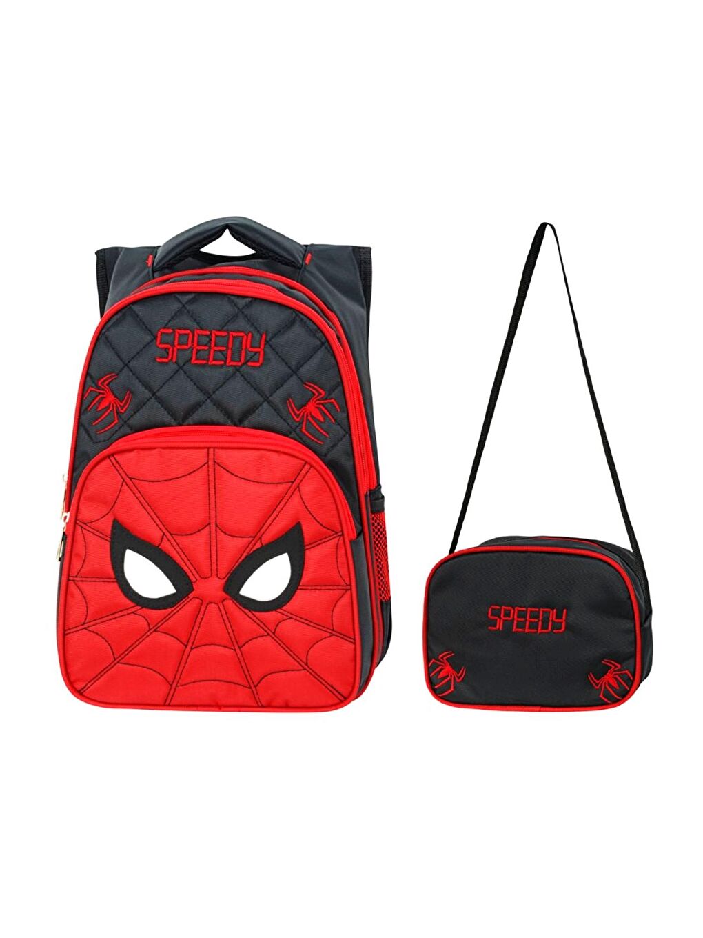 3 Bölmeli İlkokul Çantası ve Beslenme Çantası Örümcek Göz Kırmızı-Siyah 2018-2