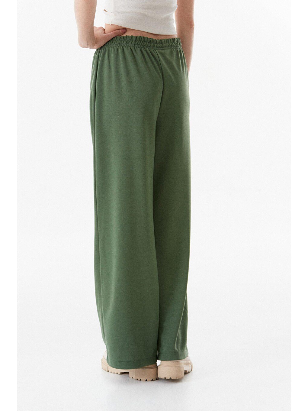 Haki Beli Lastikli Wide Leg Pantolon-3