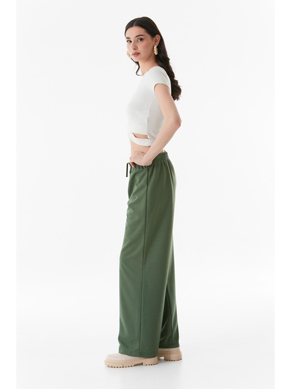 Haki Beli Lastikli Wide Leg Pantolon-4