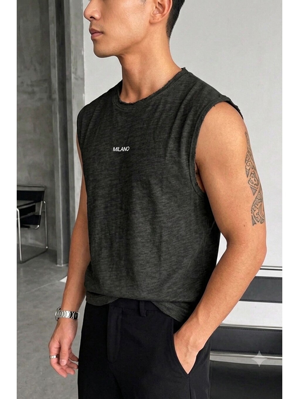 Siyah Erkek Milano Nakışlı Flamlı Pamuklu Ham Yaka (pis Yaka) Regular Fit Kolsuz T-shirt / Atlet-1