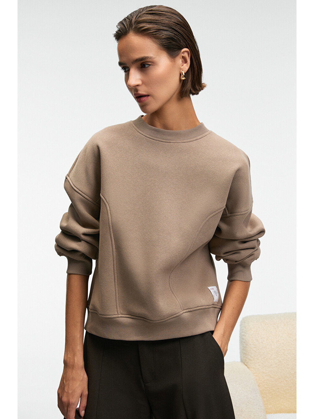 Bej Serenya Kadın Pamuklu Etiket Detaylı Bisiklet Yaka Vizon Sweatshirt-1