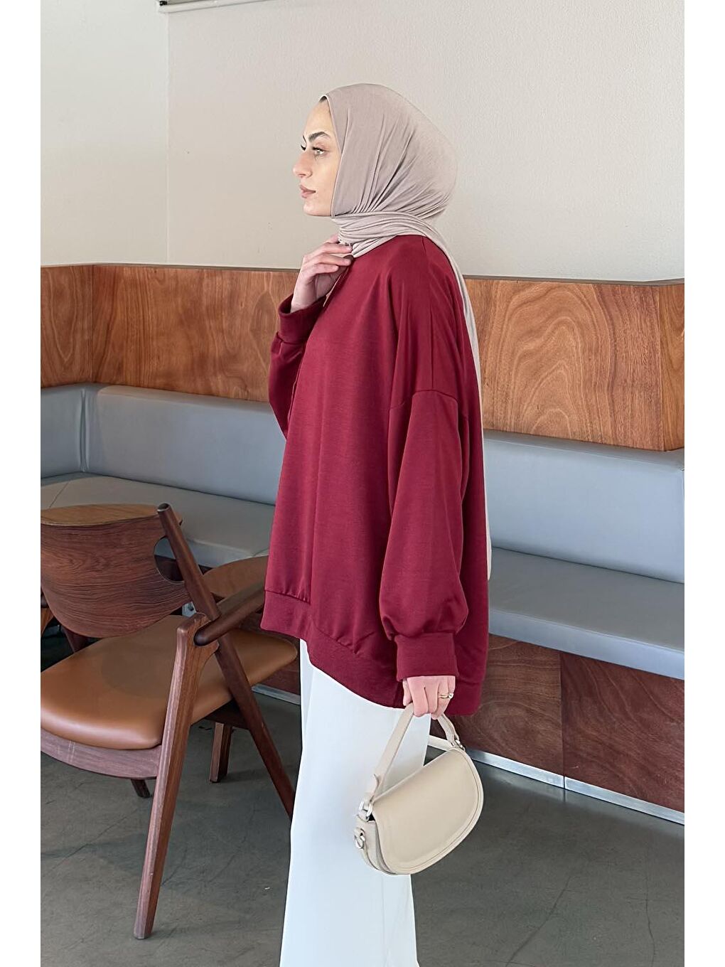 Balon Kol Yaka Ve Etek Ucu Manşetli Bol Sweat Bordo-1