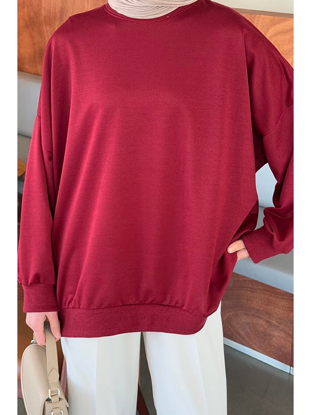 Balon Kol Yaka Ve Etek Ucu Manşetli Bol Sweat Bordo-2