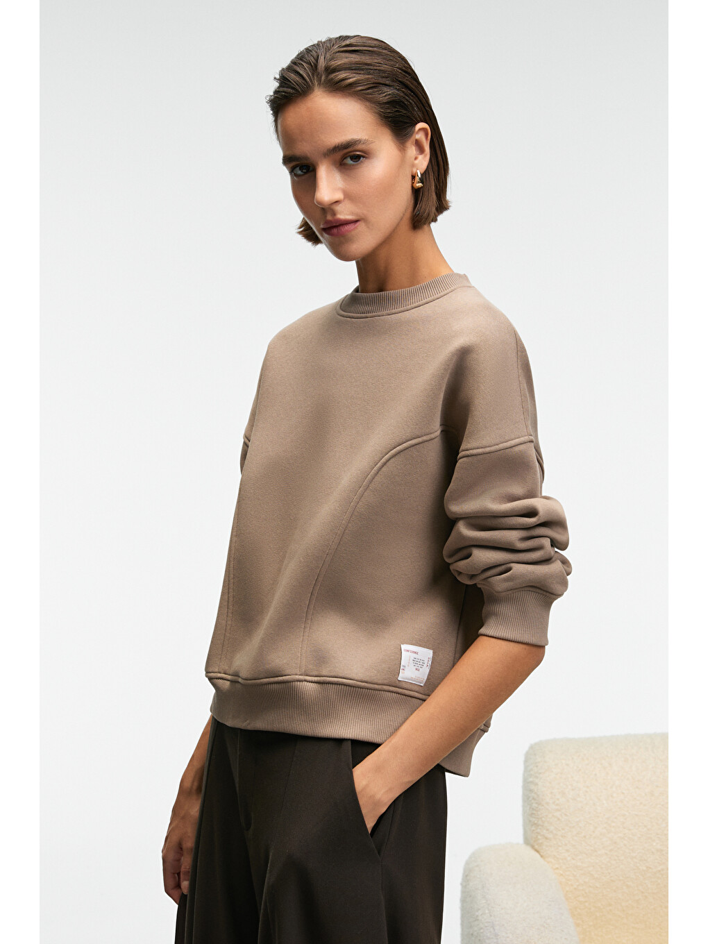 Bej Serenya Kadın Pamuklu Etiket Detaylı Bisiklet Yaka Vizon Sweatshirt-2