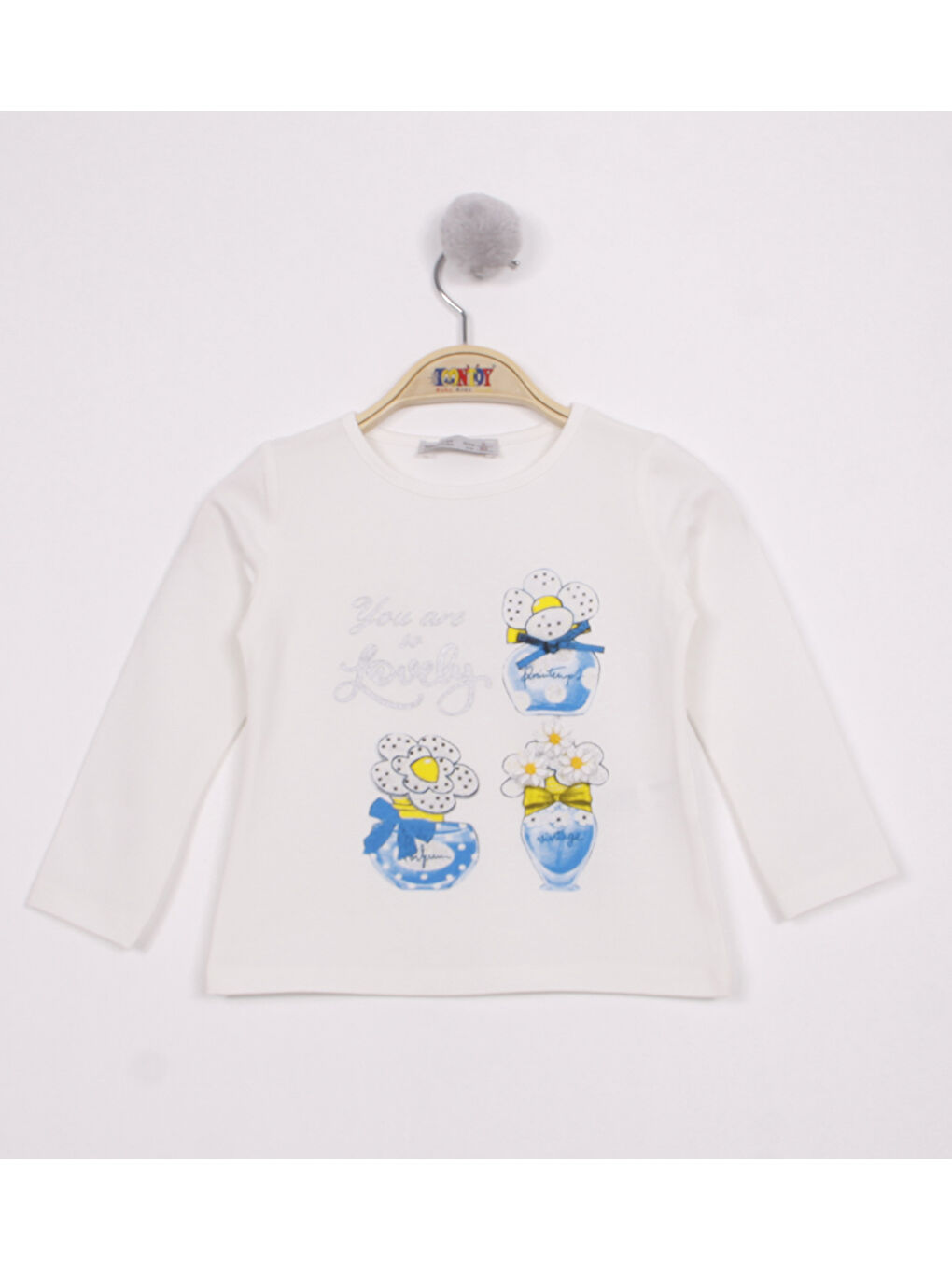 Ekru Kız Çocuk Papatya Vazo Baskılı T-Shirt